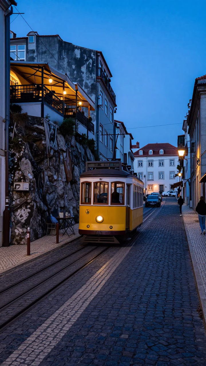 Lisbon Evening Blue Hour Street Scene with Funicular and Pastel Macarons in in Lisbon, Portugal