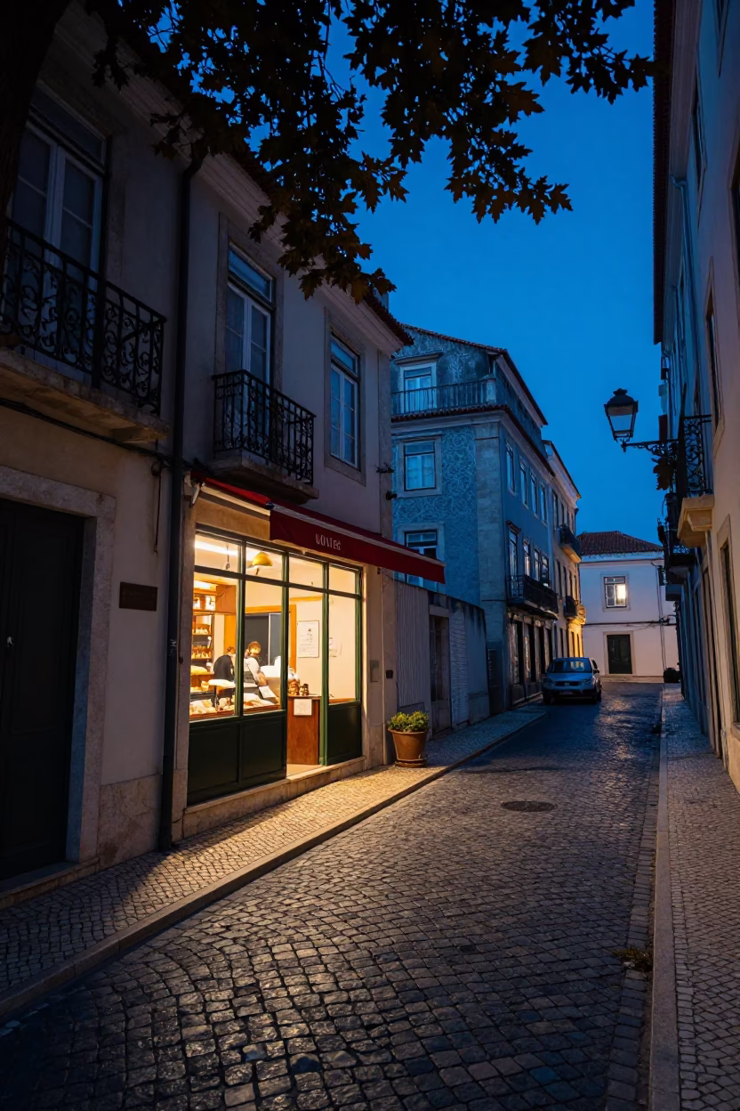 Lisbon Evening Blue Hour Street Scene with Leaf Shadows and Spice Jar in in Lisbon, Portugal