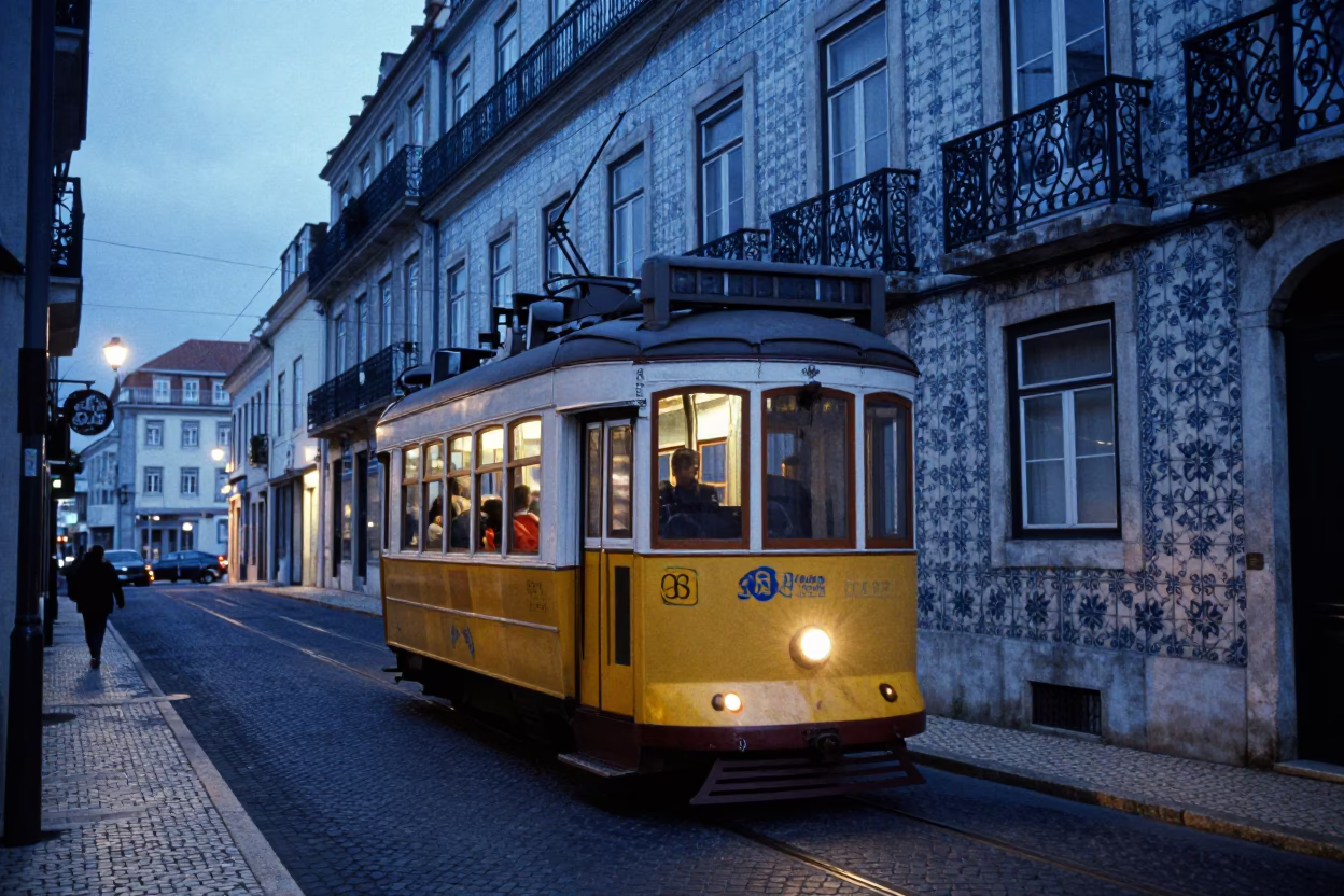 Lisbon Evening Blue Hour Tram 28 Passes Traditional Tile Façade in in Lisbon, Portugal