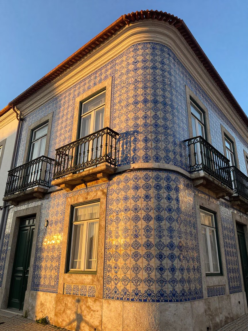Lisbon Evening Light Illuminating Traditional Azulejo Tiles and Local Street Scene in in Lisbon, Portugal