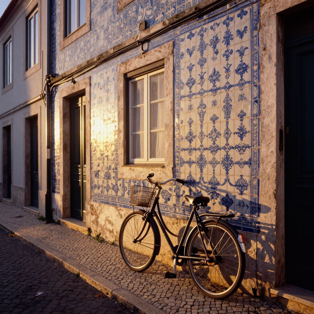 Lisbon Evening Light Illuminating Traditional Azulejo Tiles and Street Scene in in Lisbon, Portugal
