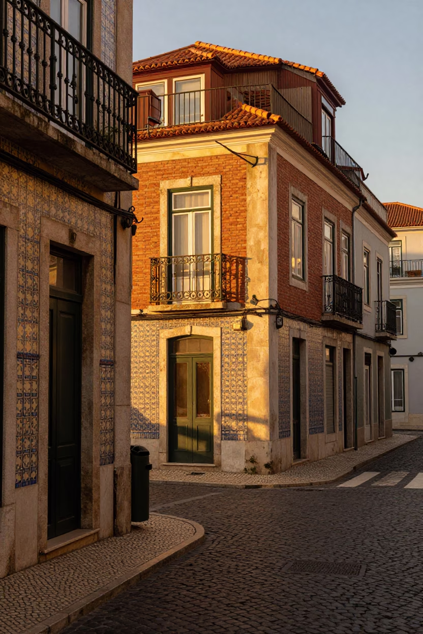 Lisbon Evening Street Scene with Brick Architecture and Warm Light in in Lisbon, Portugal