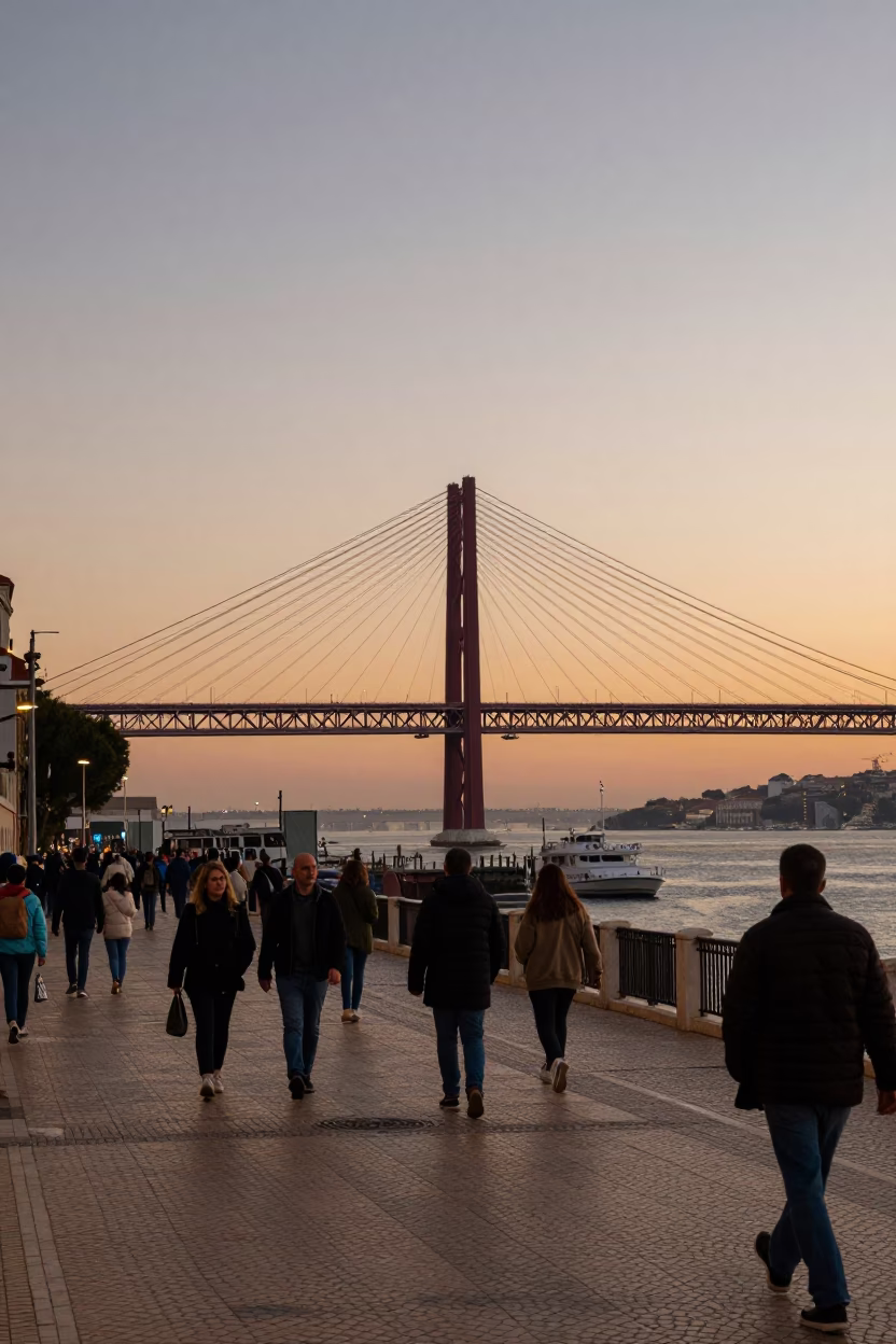 Lisbon Evening Street Scene with Cable-Stayed Bridge and Local Diner in in Lisbon, Portugal