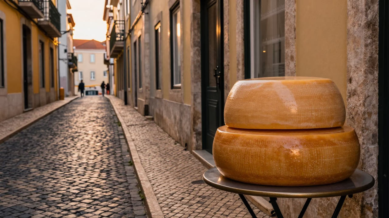Lisbon Evening Street Scene with Ceramic Beehive Cheese Dome and Espresso Cup in in Lisbon, Portugal