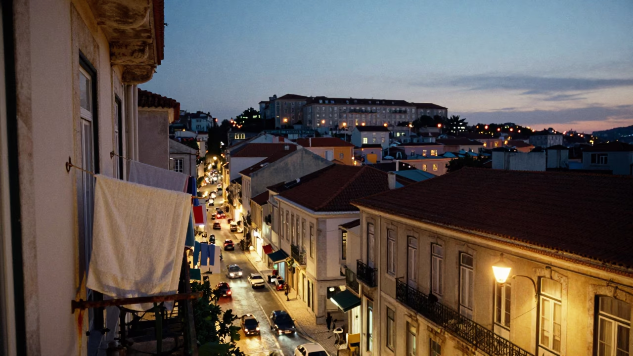 Lisbon Evening Street Scene with Drying Towels and City Lights Glowing in in Lisbon, Portugal