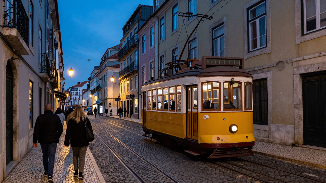Lisbon Evening Street Scene with Funicular Ascending Hill Amidst Blue Hour Light in in Lisbon, Portugal
