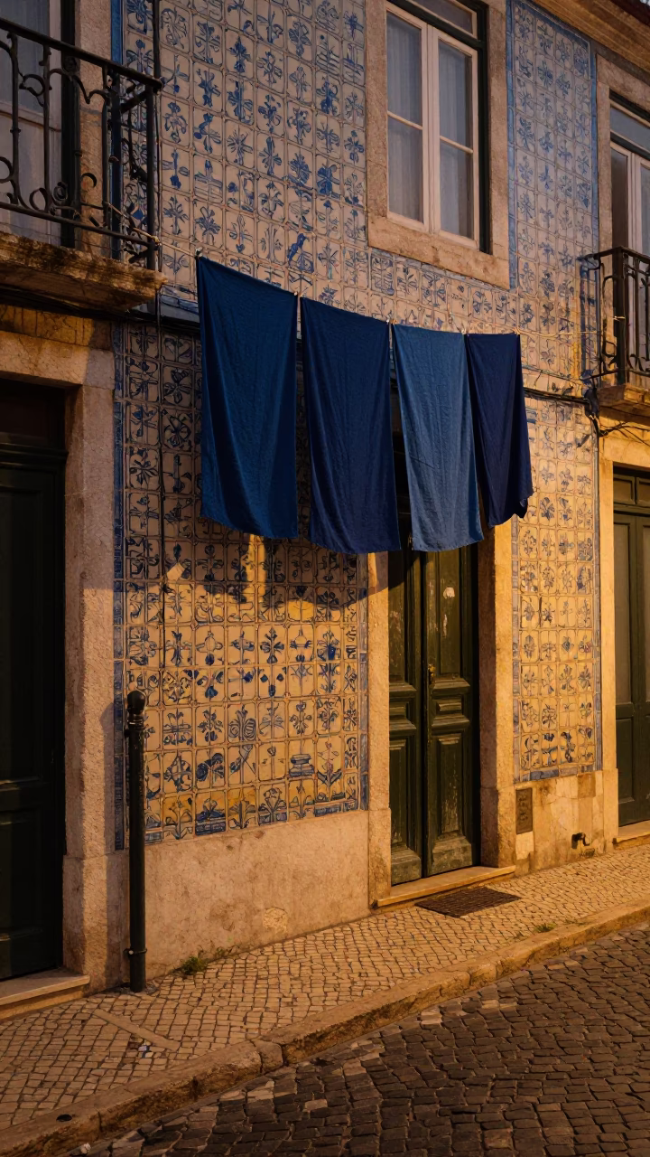 Lisbon Evening Street Scene with Indigo Fabric Drying on Traditional Gate in in Lisbon, Portugal