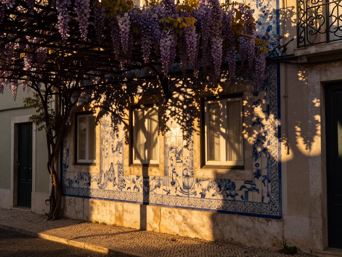 Lisbon Evening Street Scene with Leaf Shadows on Azulejo Tiles and Wisteria in in Lisbon, Portugal
