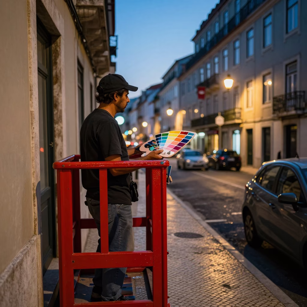 Lisbon Evening Street Scene with Red Lacquered Wood and Muralist Paint Swatches in in Lisbon, Portugal