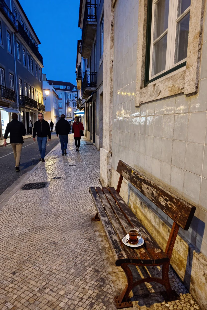Lisbon Evening Street Scene with Rusty Bench and Tea Kettle in Blue Hour Light in in Lisbon, Portugal