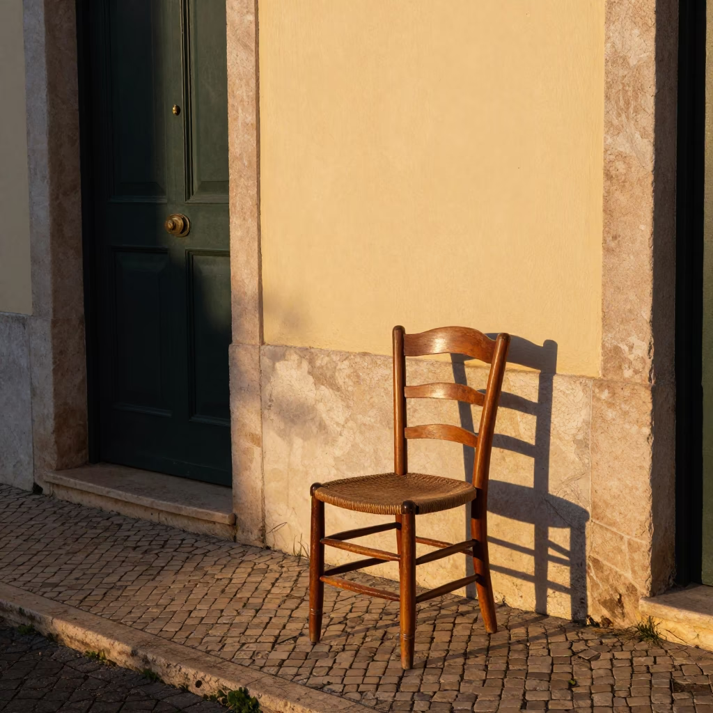 Lisbon Evening Street Scene with Spindle Chair and Aquaqua Vista in in Lisbon, Portugal