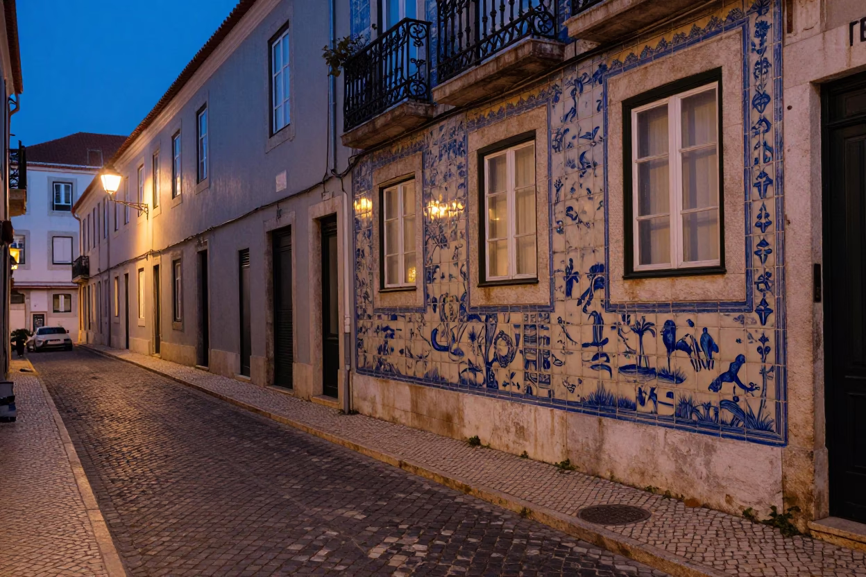 Lisbon evening street scene with traditional azulejo tiles and blue twilight lighting in in Lisbon, Portugal