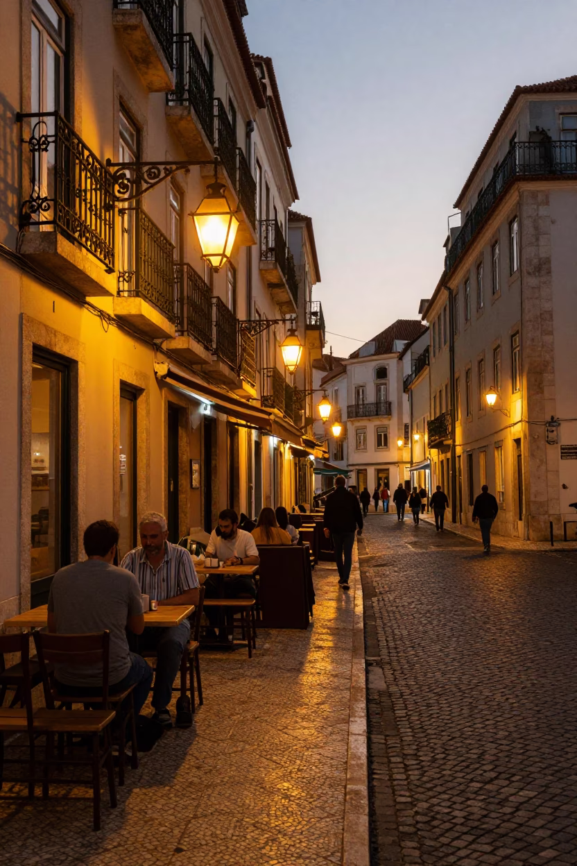 Lisbon Evening Street Scene with Traditional Lanterns and Local Diners in Honeyed Light in in Lisbon, Portugal