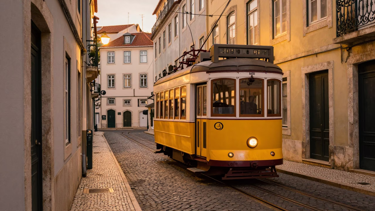 Lisbon Evening Street Scene with Tram 28 and Traditional Azulejo Tiles in Honeyed Light in in Lisbon, Portugal