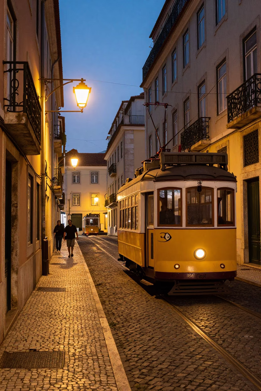 Lisbon Evening Street Scene with Tram 28 and Traditional Tile Facades in in Lisbon, Portugal