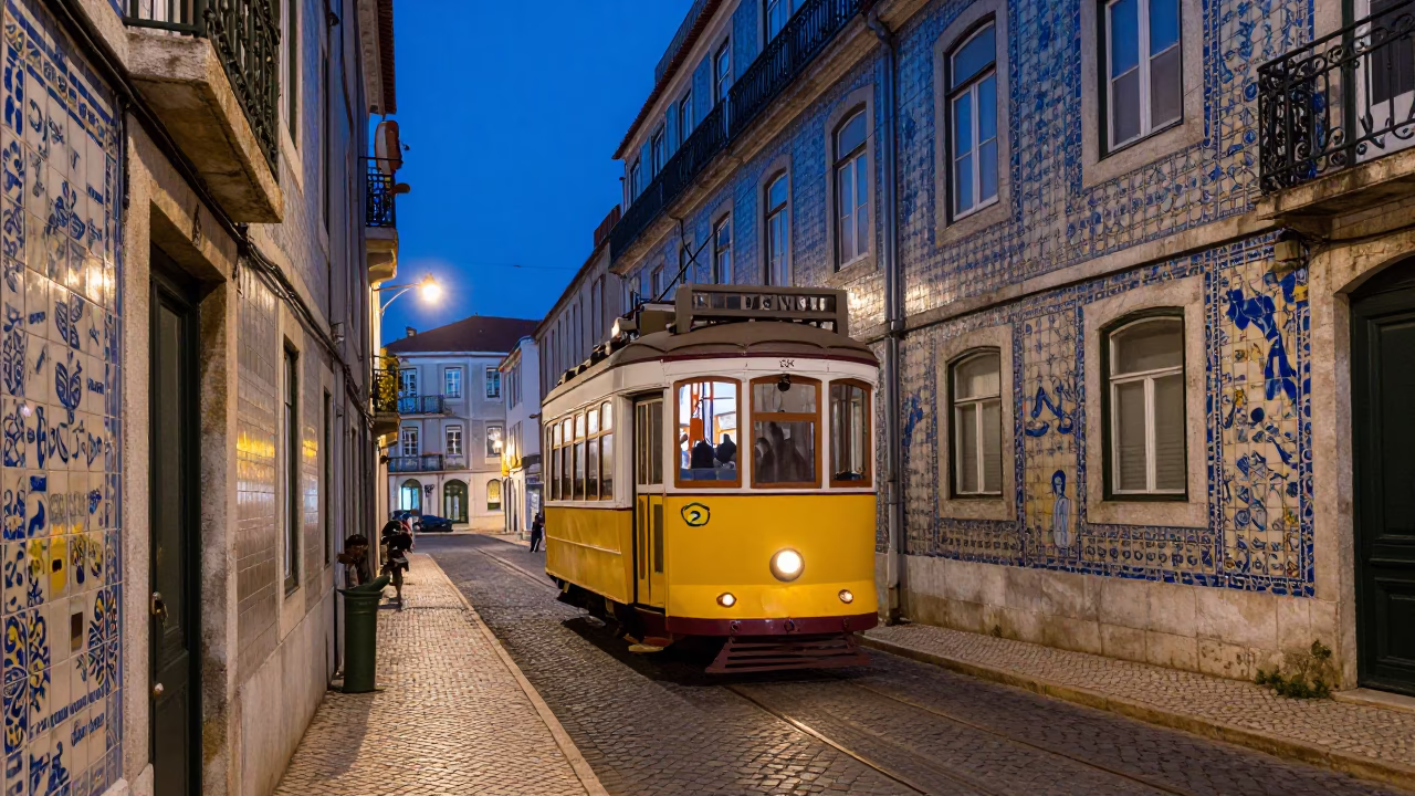 Lisbon Evening Street Scene with Tram and Traditional Tile Architecture in in Lisbon, Portugal