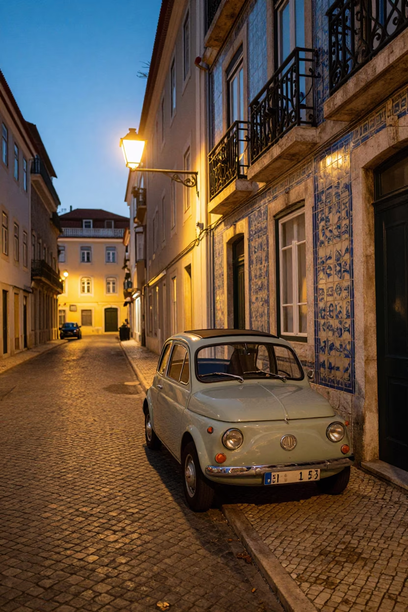 Lisbon Evening Street Scene with Vintage Car and Traditional Tile Architecture in in Lisbon, Portugal