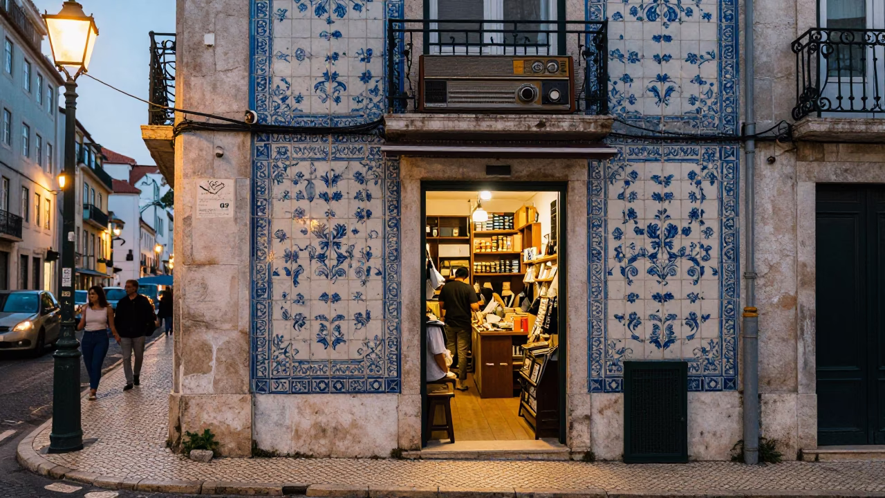 Lisbon Evening Street Scene with Vintage Radio and Tiled Facade at Dusk in in Lisbon, Portugal