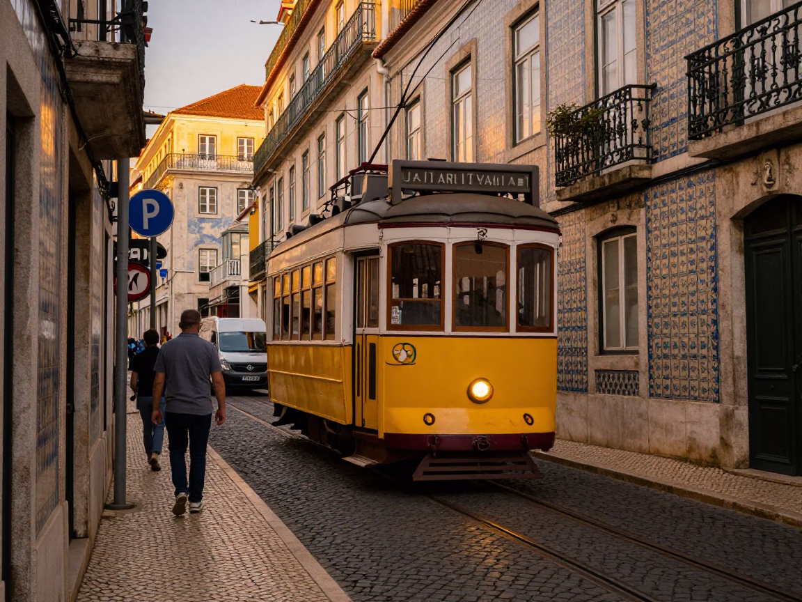 Lisbon Evening Street Scene with Vintage Yellow Tram and Historic Architecture in in Lisbon, Portugal