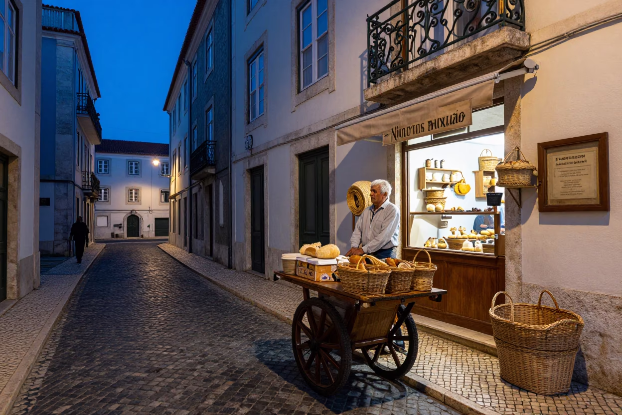 Lisbon Evening Street Scene with Woven Baskets and Traditional Clay Pots in Blue Light in in Lisbon, Portugal