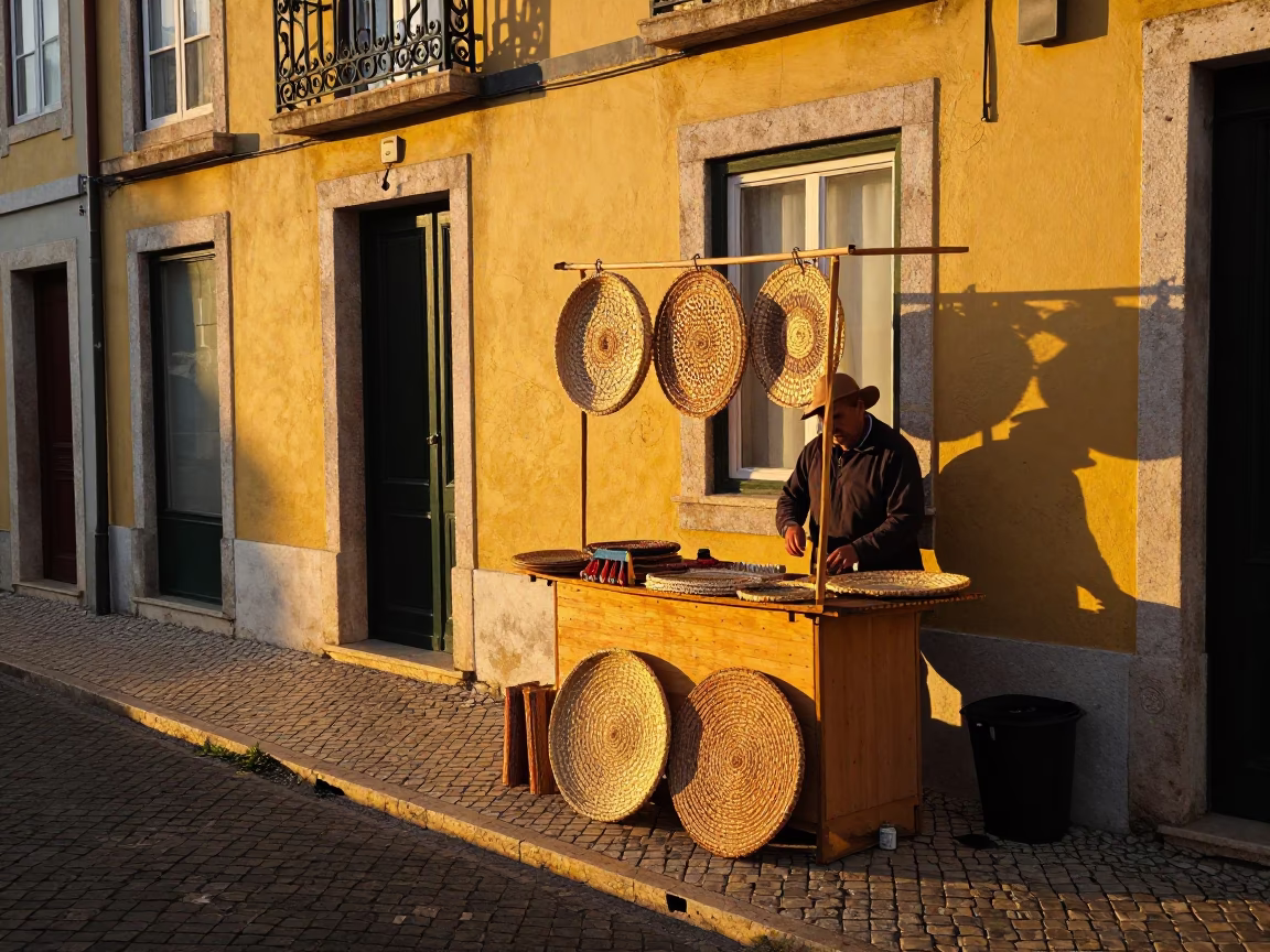 Lisbon Evening Street Scene with Woven Mats and Brushed Steel Frames in in Lisbon, Portugal