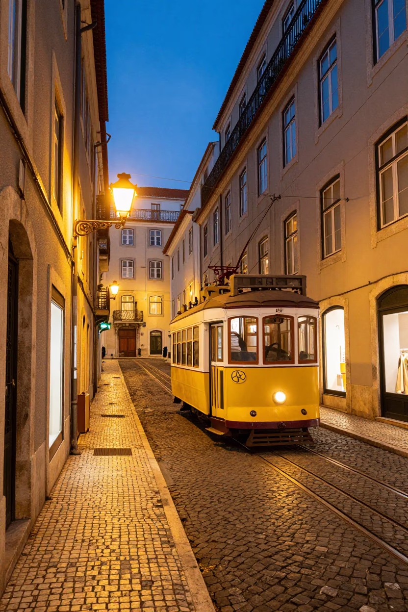 Lisbon evening street scene with yellow tram and glowing city lights in in Lisbon, Portugal