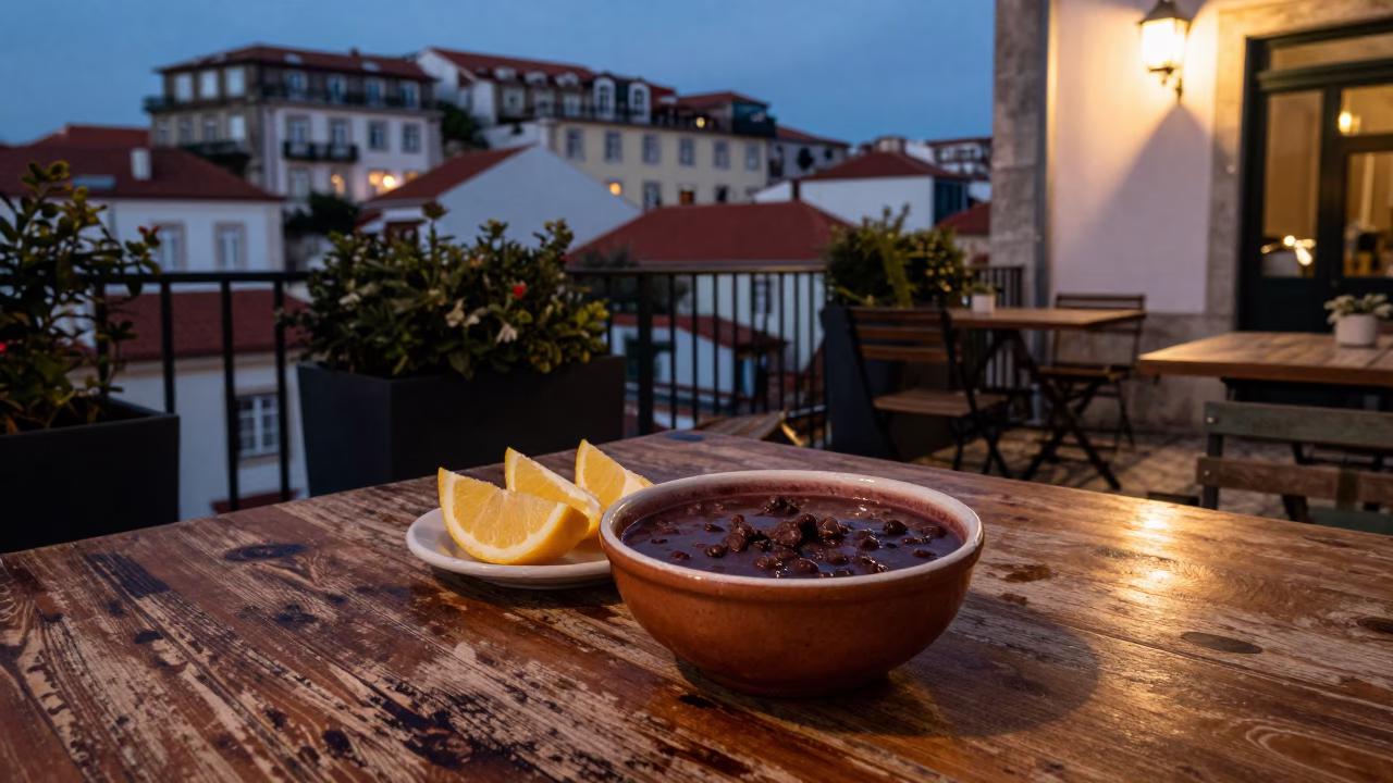 Lisbon Fado Evening at Bairro Alto Terrace with Bowl of Feijoada and Orange Slices in in Lisbon, Portugal