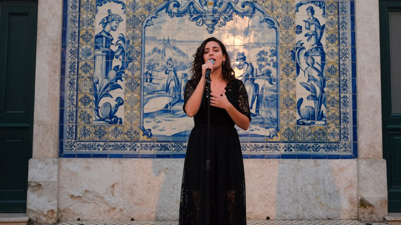 Lisbon Fado Singer at The Early Evening Light in in Lisbon, Portugal