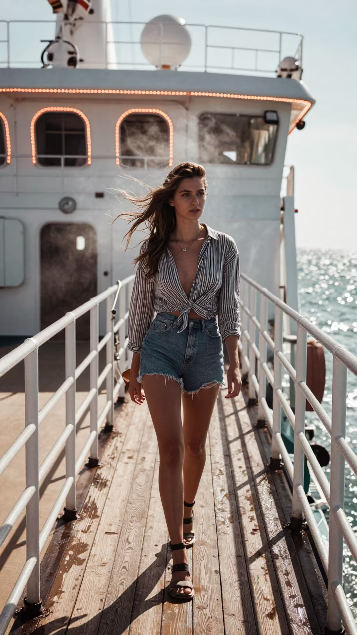 Lisbon Fashion Editorial on Ferry Deck in along a neon-lit arcade in Lisbon