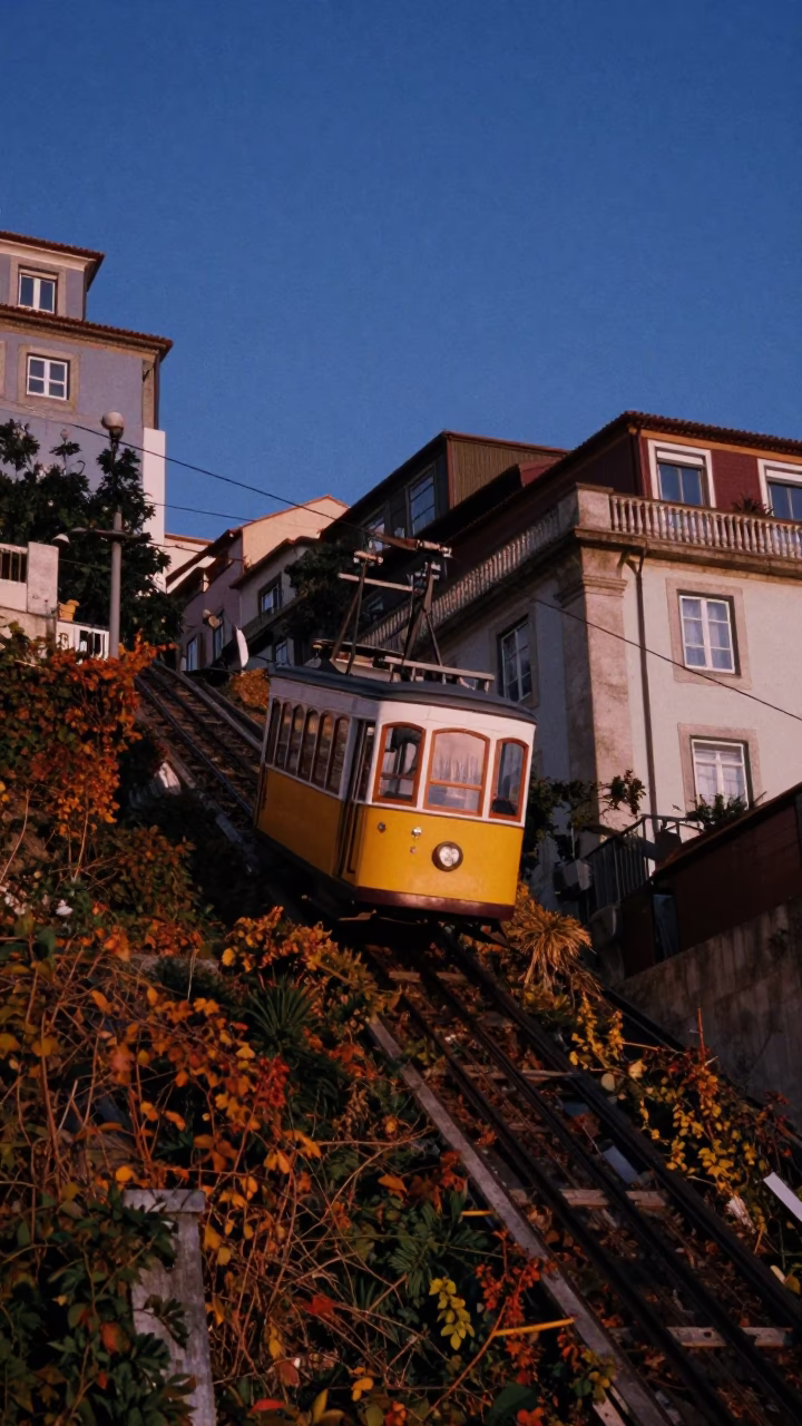 Lisbon Funicular Climbing Hill Covered at Blue Hour in in Lisbon, Portugal