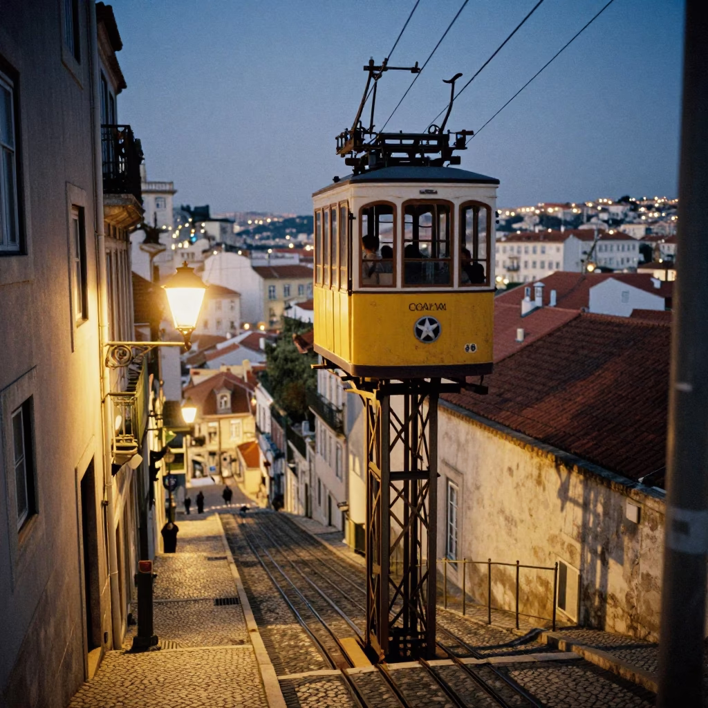 Lisbon Funicular Climbing Steep Hill at Dusk with City Lights Glowing in in Lisbon, Portugal