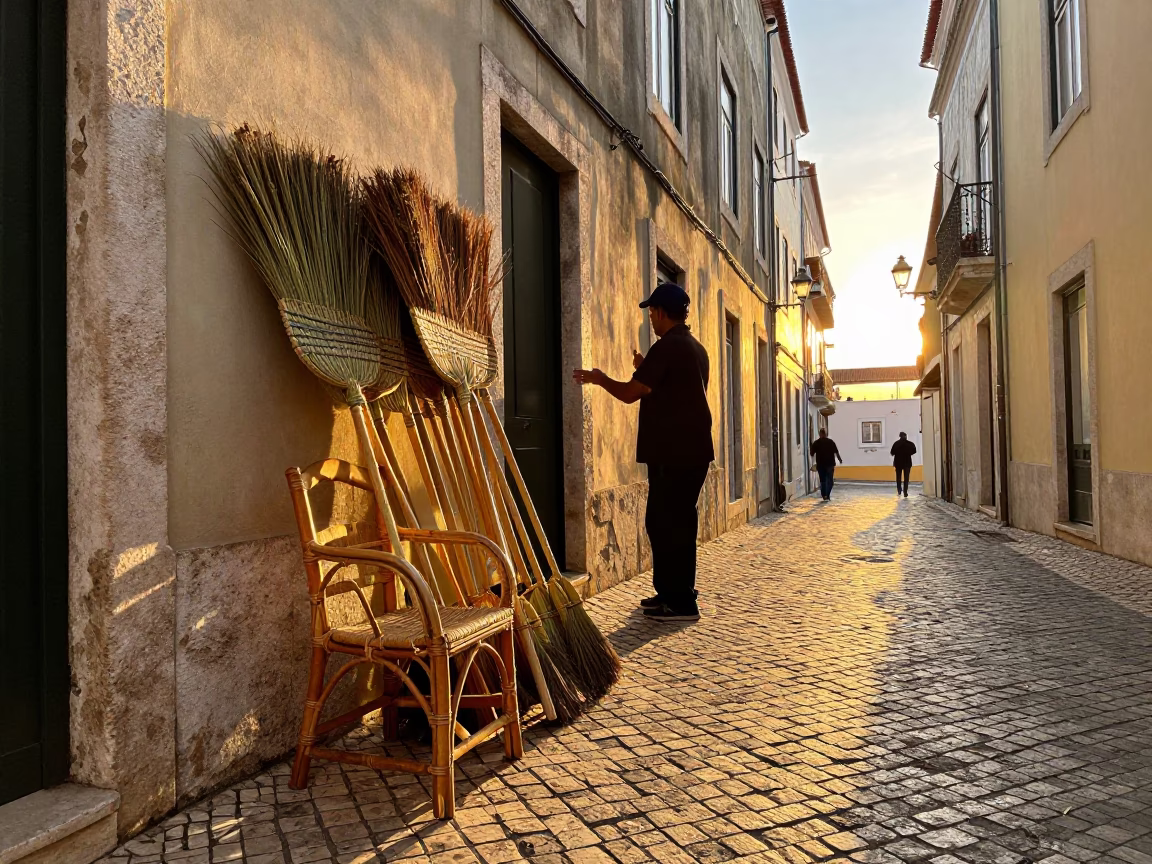 Lisbon Golden Hour Street Scene with Traditional Brooms and Rattan Chair in in Lisbon, Portugal