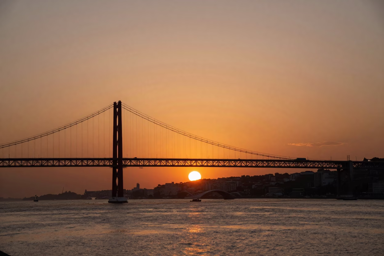 Lisbon Hour Sunset at As The Sun Drops Toward The Horizon in in Lisbon, Portugal