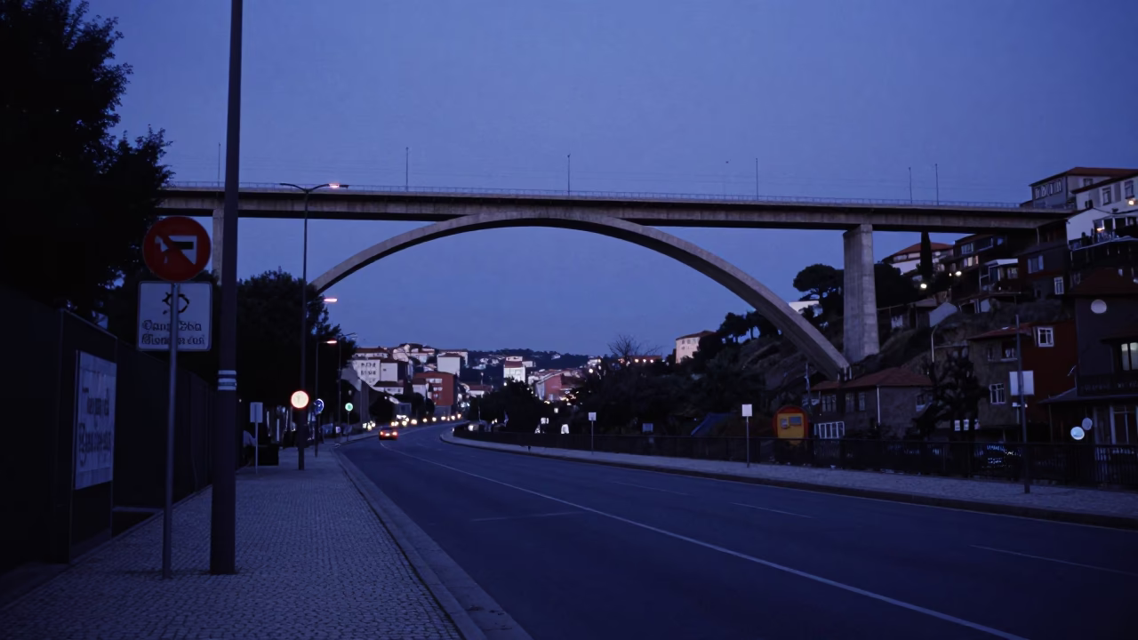 Lisbon Indigo Twilight Street Scene with Concrete Viaduct and Local Market Goods in in Lisbon, Portugal