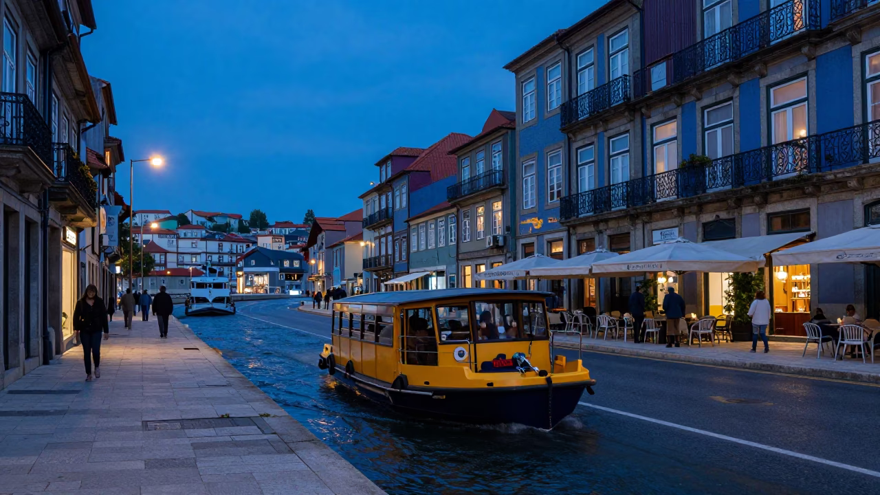 Lisbon indigo twilight street scene with water taxi and tiled architecture in in Lisbon, Portugal