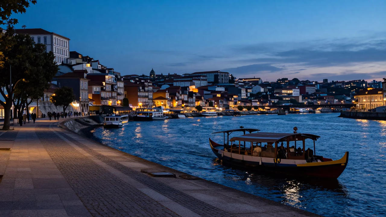 Lisbon indigo twilight street scene with water taxi and traditional architecture in in Lisbon, Portugal