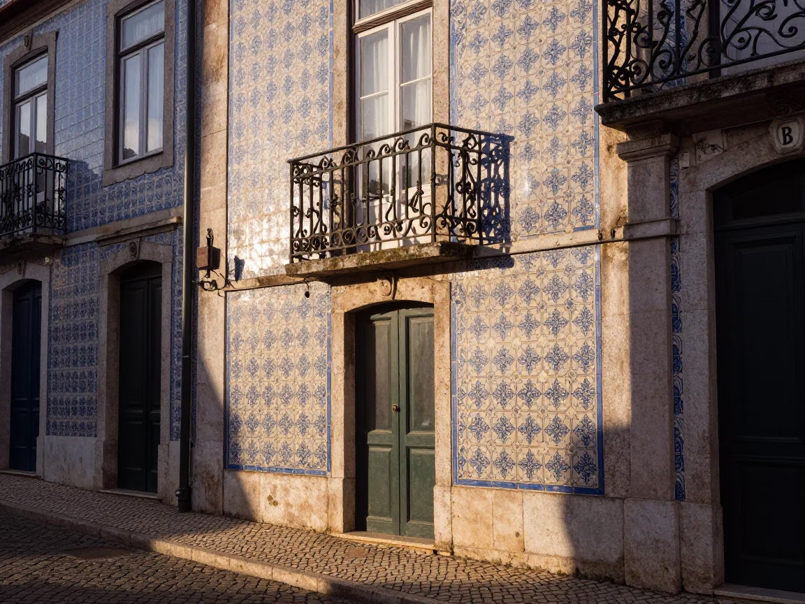 Lisbon Iron Balcony at As First Light Reaches The Scene in in Lisbon, Portugal