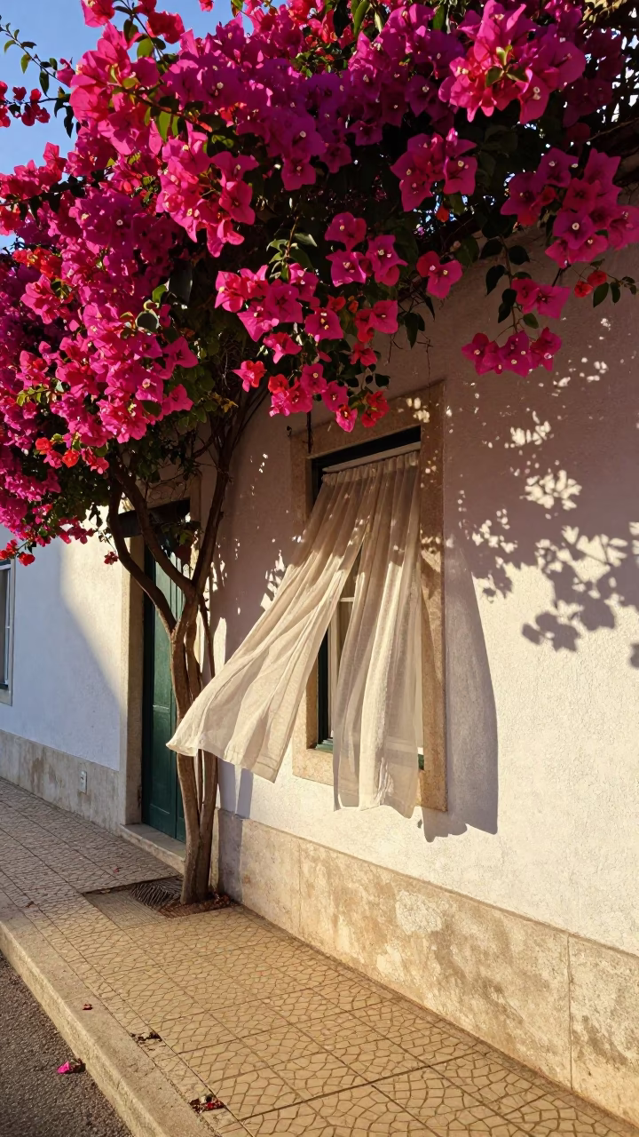 Lisbon Late Afternoon Bougainvillea and Linen Curtains Street Scene in in Lisbon, Portugal
