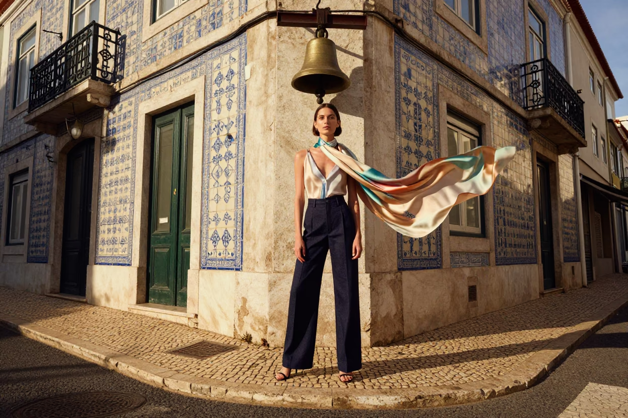 Lisbon Late Afternoon High Fashion Portrait with Brass Bell and Scarf in in Lisbon, Portugal