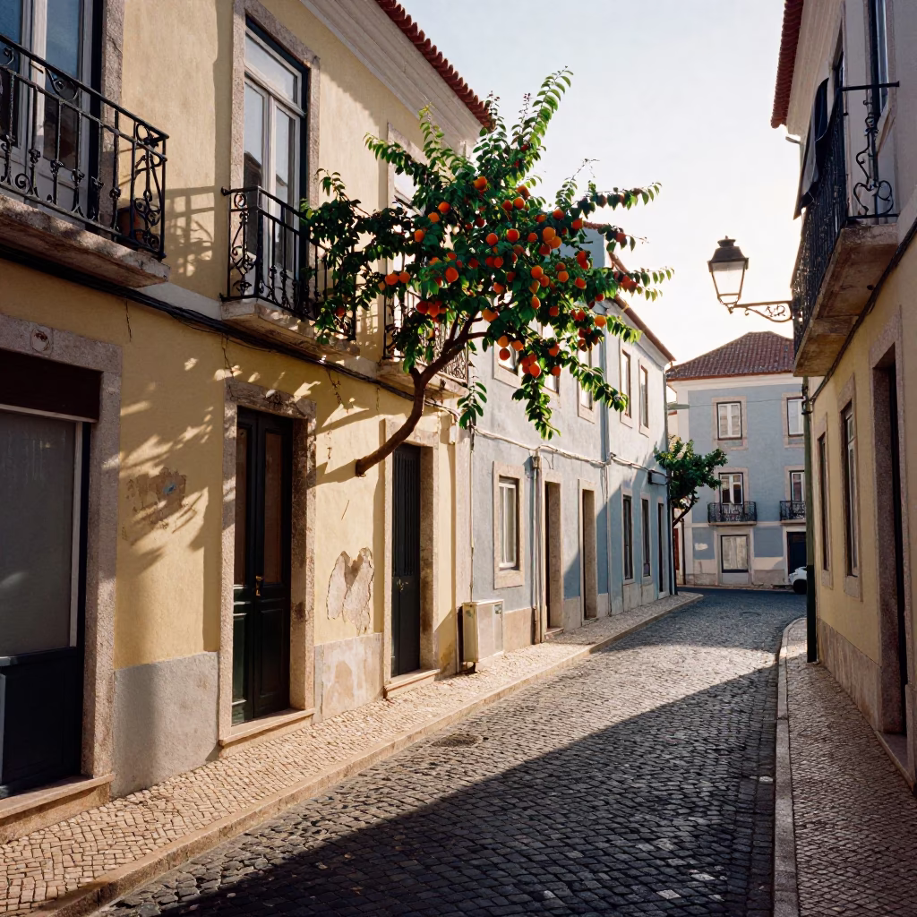 Lisbon Late Afternoon Street Scene with Apricots and Traditional Doormat in Alfama Neighborhood in in Lisbon, Portugal