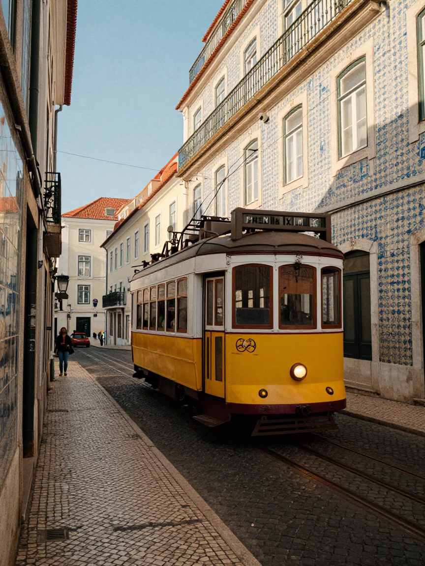 Lisbon Late Afternoon Street Scene with Heritage Tram and Traditional Azulejo Tiles in in Lisbon, Portugal