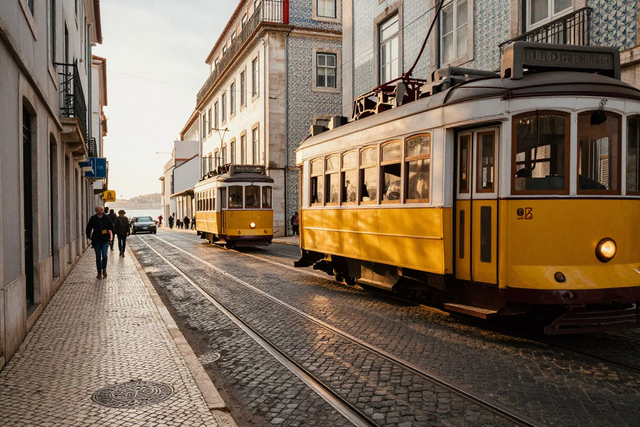 Lisbon Late Afternoon Street Scene with Tram and Tile Architecture in in Lisbon, Portugal
