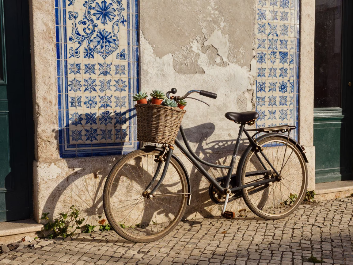 Lisbon Late Morning Street Scene with Bicycle Basket and Terracotta Pots in in Lisbon, Portugal