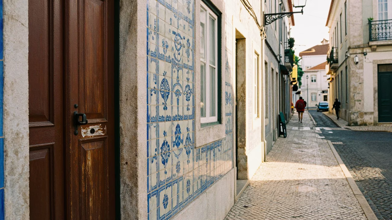 Lisbon Late Morning Street Scene with Traditional Azulejo Tiles and Iron Hardware Details in in Lisbon, Portugal