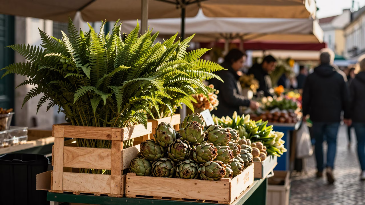 Lisbon Market Stall at Clear Late-afternoon Light in in Lisbon, Portugal