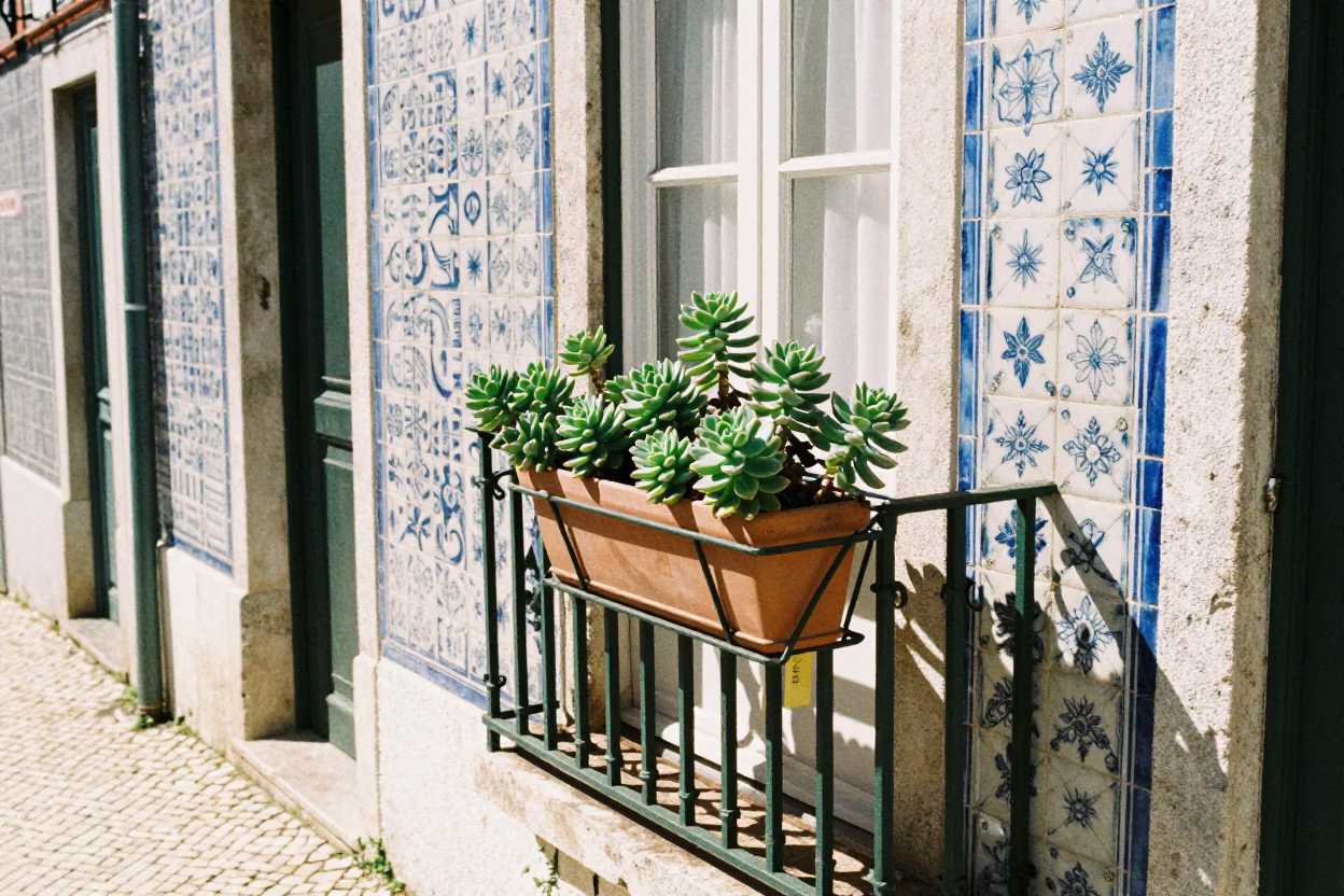 Lisbon Midday Street Scene with Flowerpot and Bookmark on Traditional Azulejo Balcony in in Lisbon, Portugal
