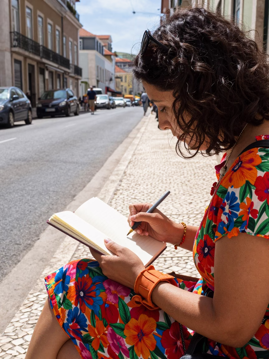 Lisbon Midday Street Scene with Notebook and Foxglove in Portuguese Architecture in in Lisbon, Portugal