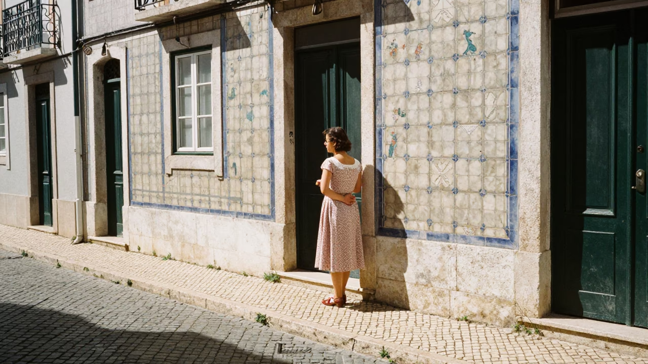 Lisbon Midday Street Scene with Vintage 1950s Charm and Local Color in in Lisbon, Portugal