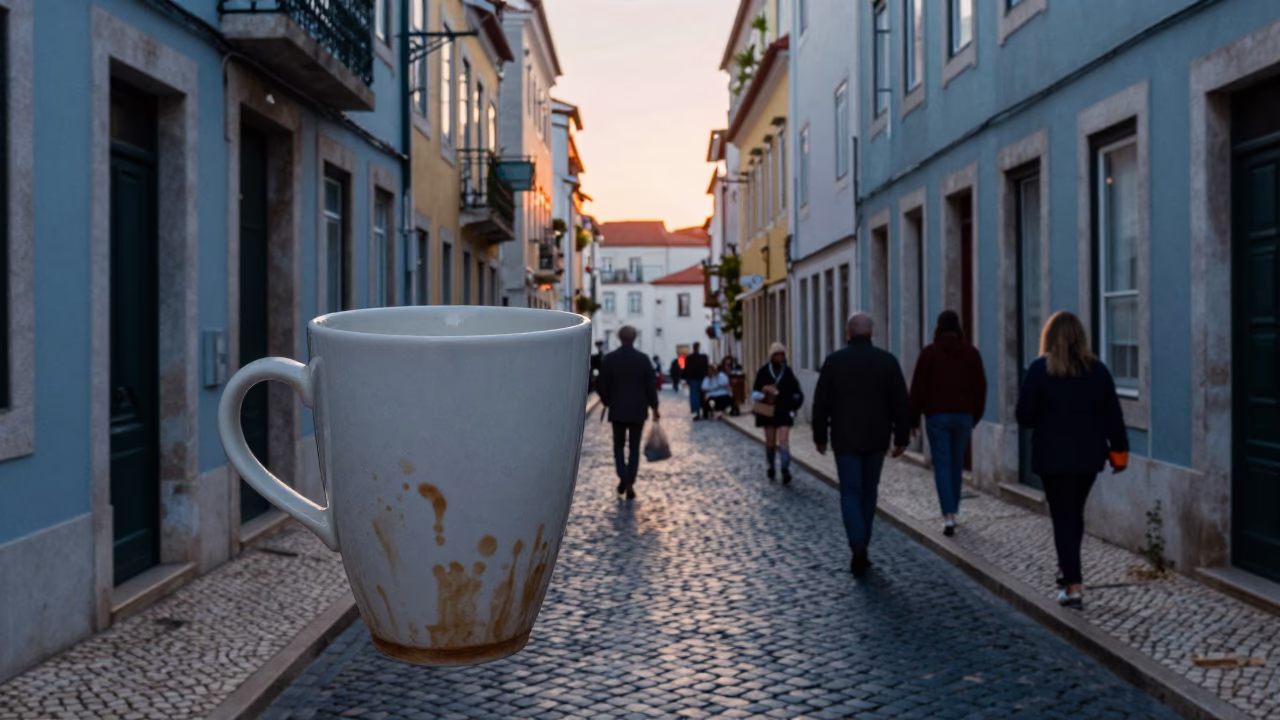 Lisbon Morning Before Sunrise Ceramic Cup Water Stains Busy Street Scene in in Lisbon, Portugal