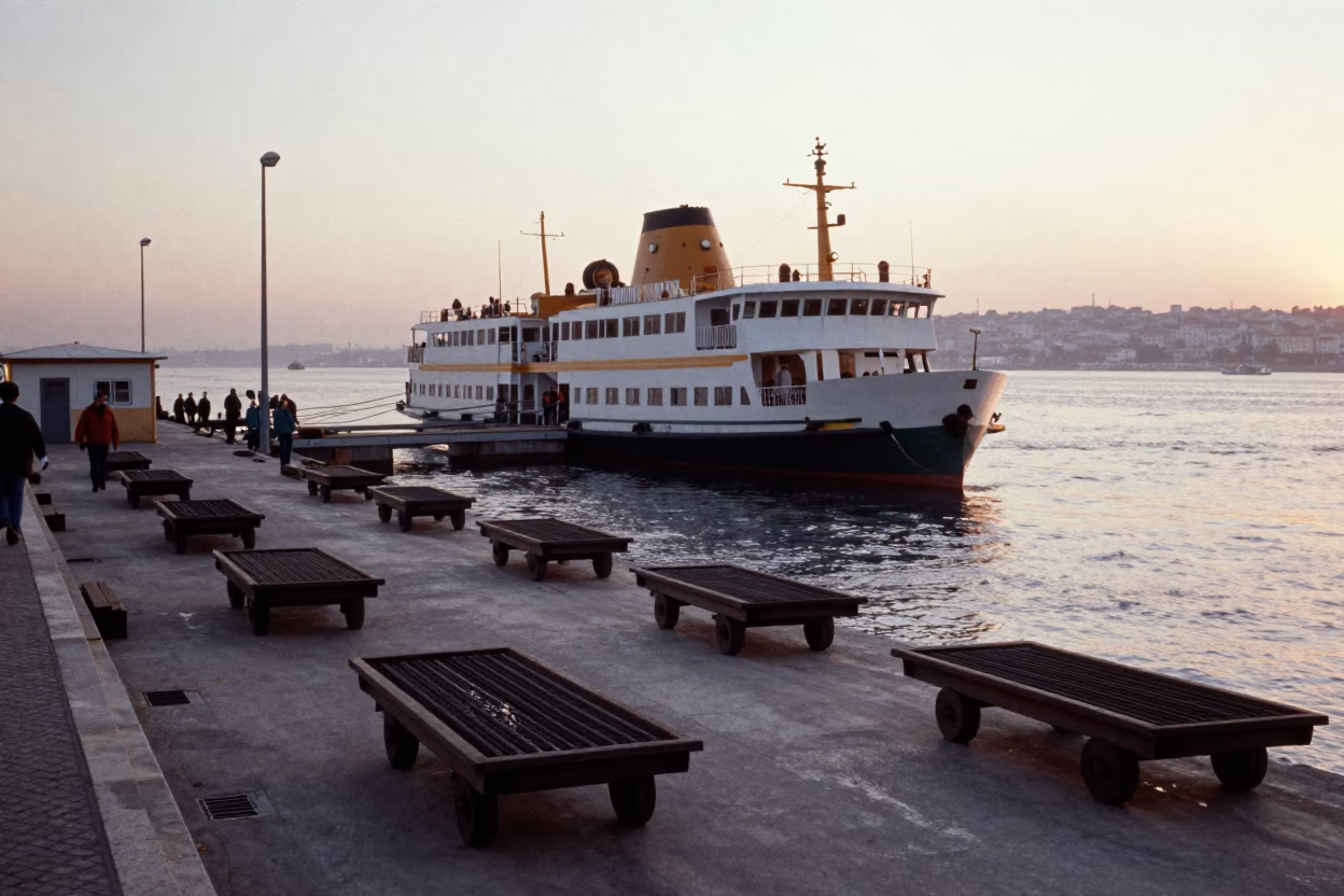 Lisbon Morning Ferry Scene with Rolling Carts and Steel Latches at Sunrise in in Lisbon, Portugal